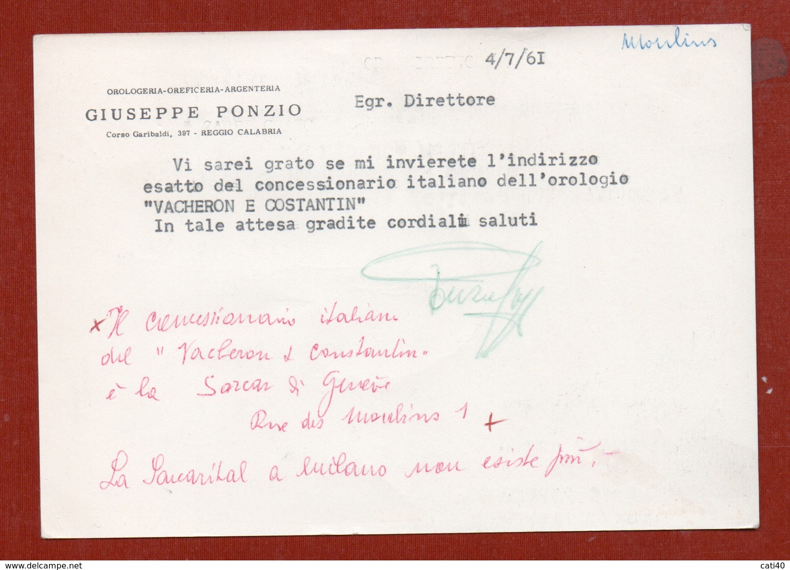 OROLOGI VEGLIA GIOIELLI  GIUSEPPE PONZIO REGGIO CALABRIA  CARTOLINA PUBBLICITARIA PER MILANO - Altri & Non Classificati