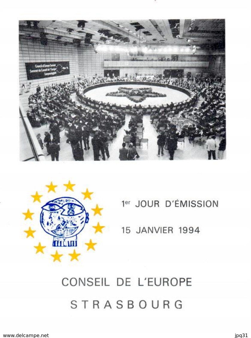 Encart 1er Jour émission Conseil De L'Europe 1994 - Strasbourg 15/01/94 - Institutions Européennes