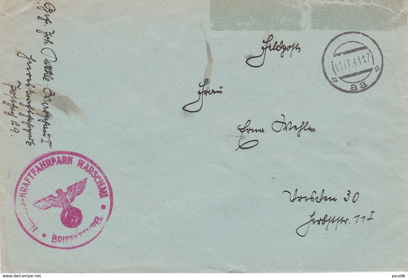 German Feldpost WW2: Heeres - Kraftfahrpark Warschau P/m Aa 11.4.1941 - Cover Only (T20-10) - Militaria