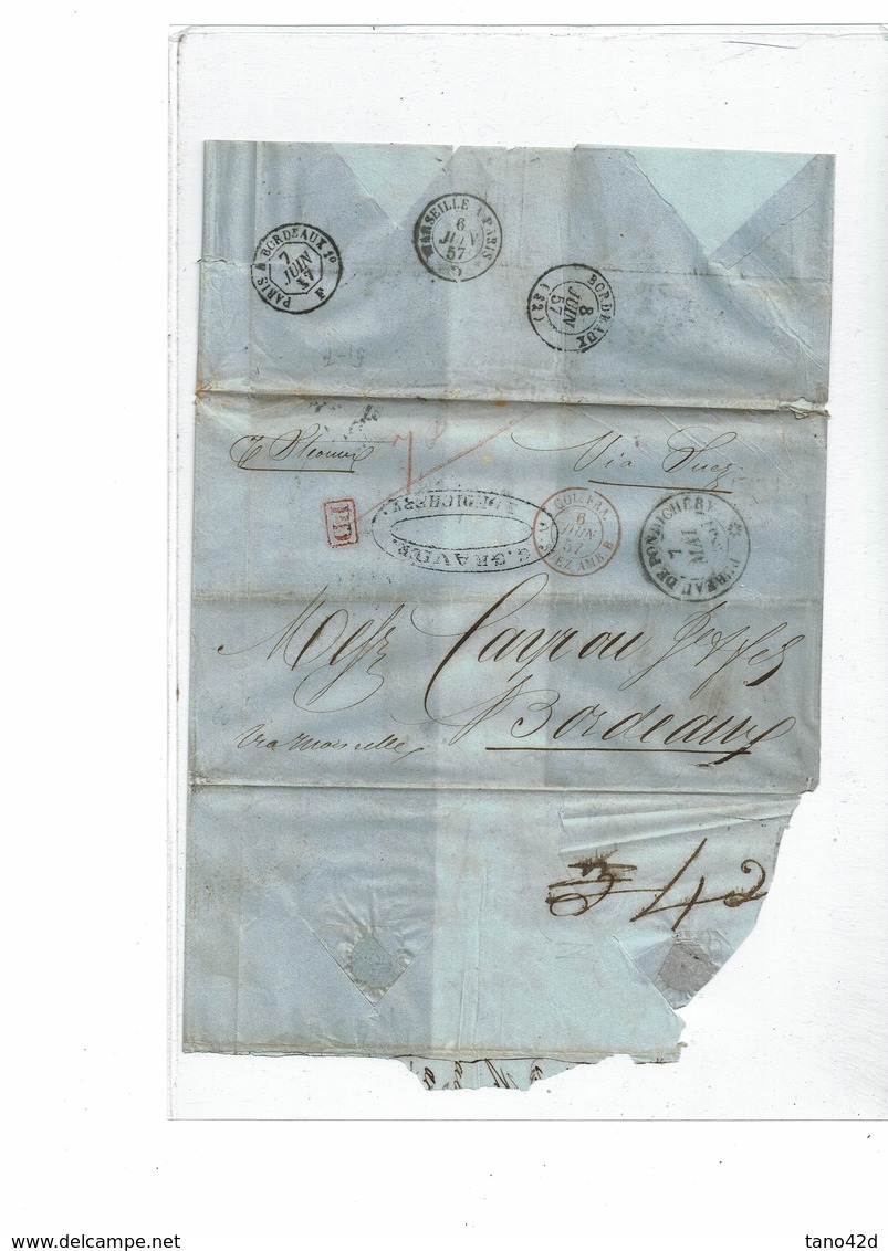 CTN54B- LSC PONDICHERY / BORDEAUX 7/5/1857 CACHET ROUGE SUEZ AMBULANT B - Poste Maritime