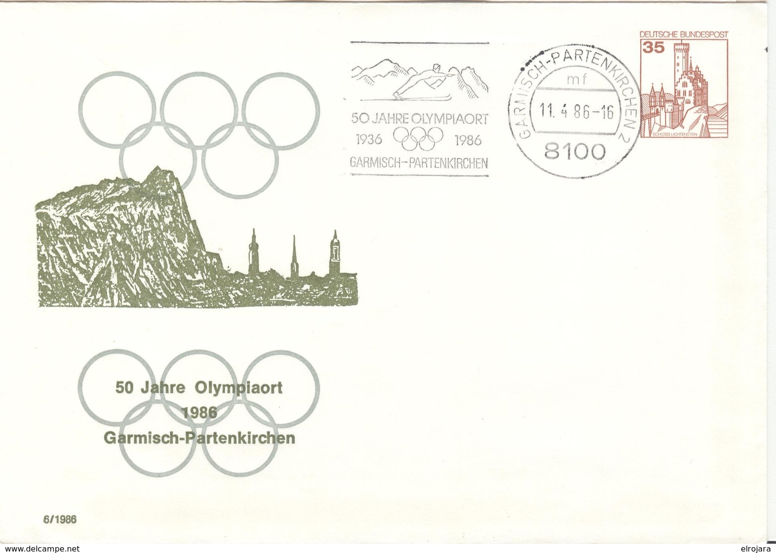 GERMANY Olympic Stationery Cover With Machinecancel 50 Years Olympic Town 1936-1986 Garmisch-Partenkirchen 2 Mf - Hiver 1936: Garmisch-Partenkirchen