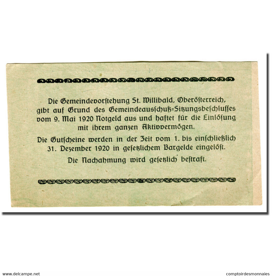 Billet, Autriche, St. Willibald O.Ö. Gemeinde, 20 Heller, Texte 2, 1920 - Autriche