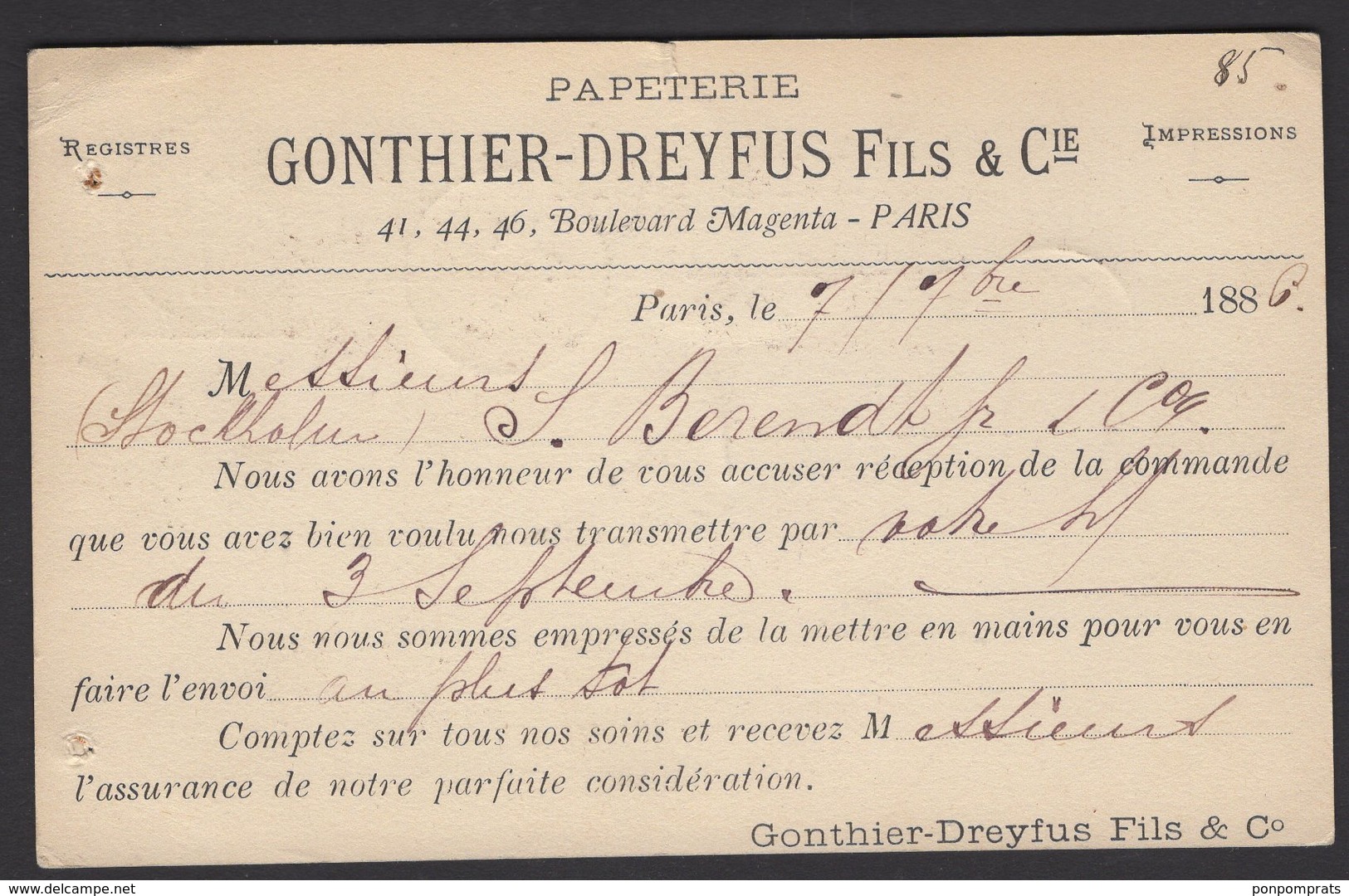 PARIS:Carte Entier 10 C Sage Repiquage GONTHIER-DREYFUS Fils & C° Oblt PARIS R. DE STRASBOURG P STOKHOLM - Cartoline Postali Ristampe (ante 1955)