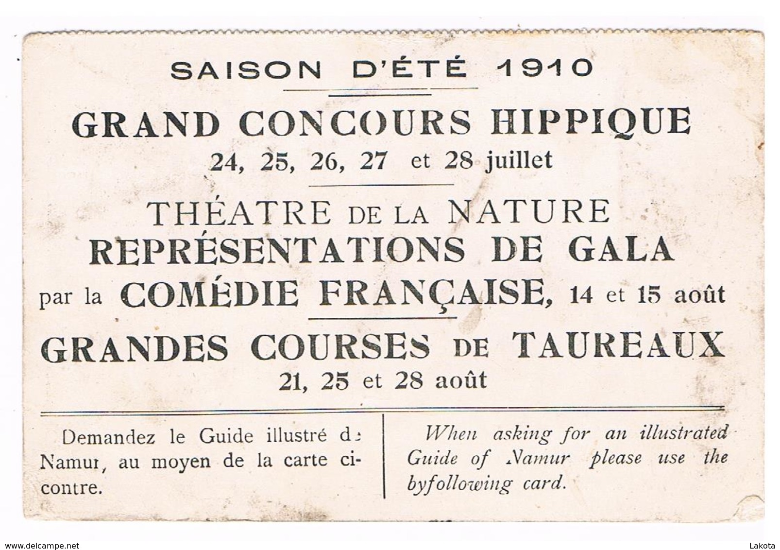 Carte Publicitaire : Namur Grand Concours Hippique été 1910, Théâtre, Courses De Taureaux Stade Des Jeux - Namen