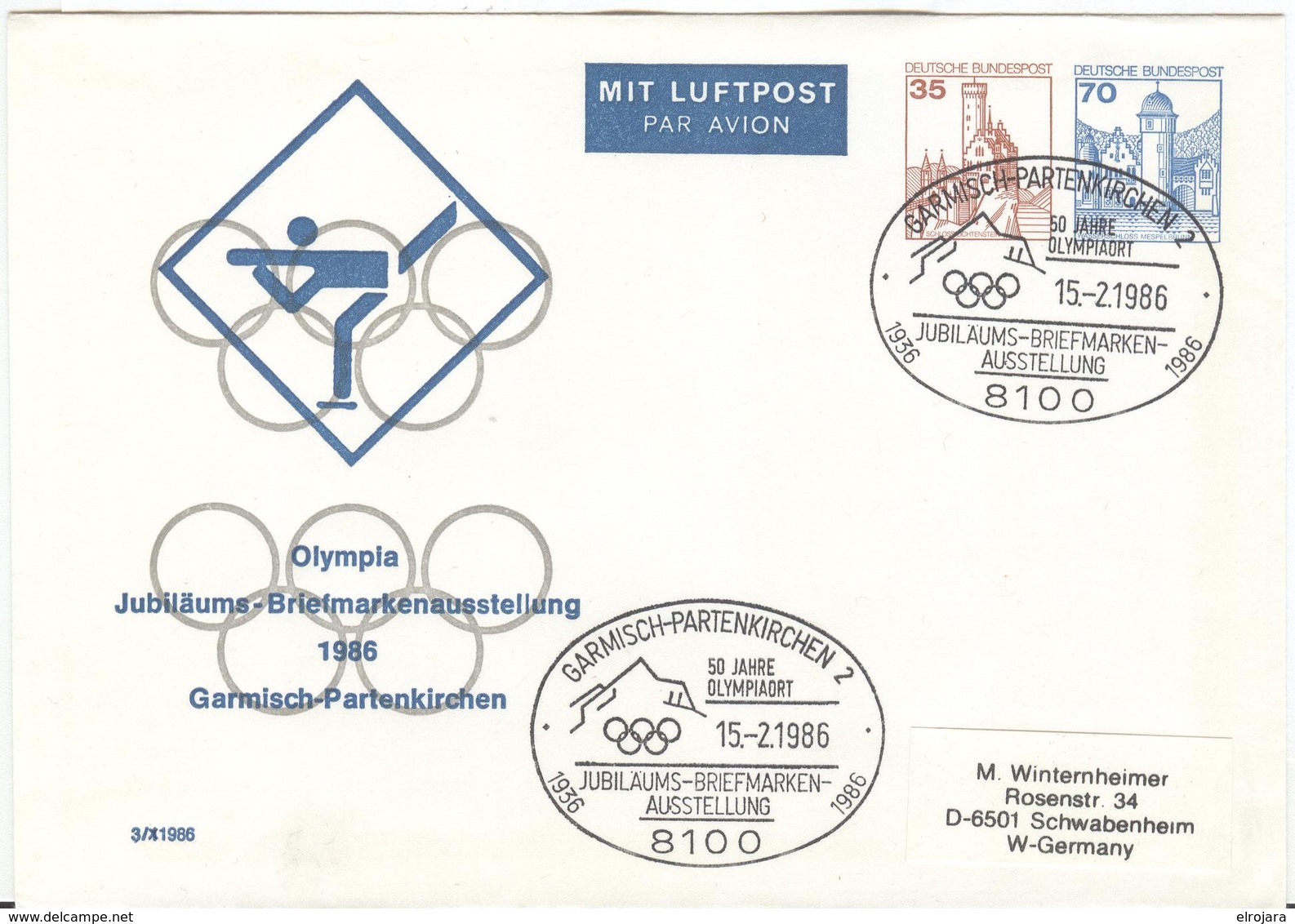 GERMANY Olympic Stationery Cover With Handcancel 50 Years Olympic Town 1936-1986 Garmisch-Partenkirchen 2 - Inverno1936: Garmisch-Partenkirchen