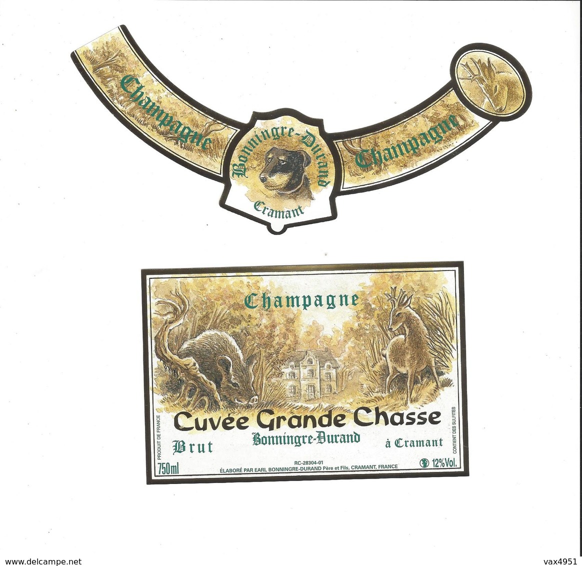 ETIQUETTE CHAMPAGNE BONNINGRE DURAND A CRAMANT   CUVEE GRANDE CHASSE  ****  SUPERBE  A SAISIR **** - Champagne