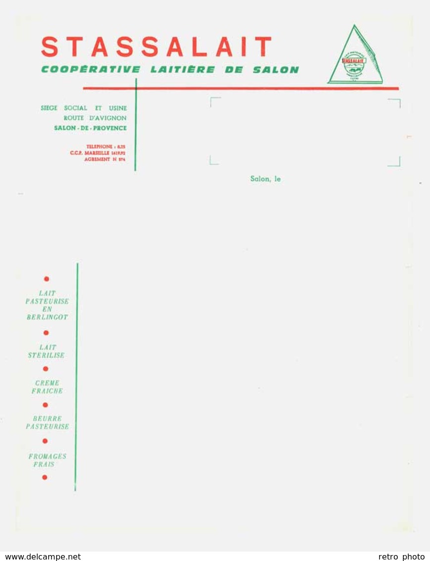 Facture Stassalait , Coopérative Laitière De Salon De Provence ( Lait Pasteurisé, Crème Fraiche, Beurre ...) - Agriculture