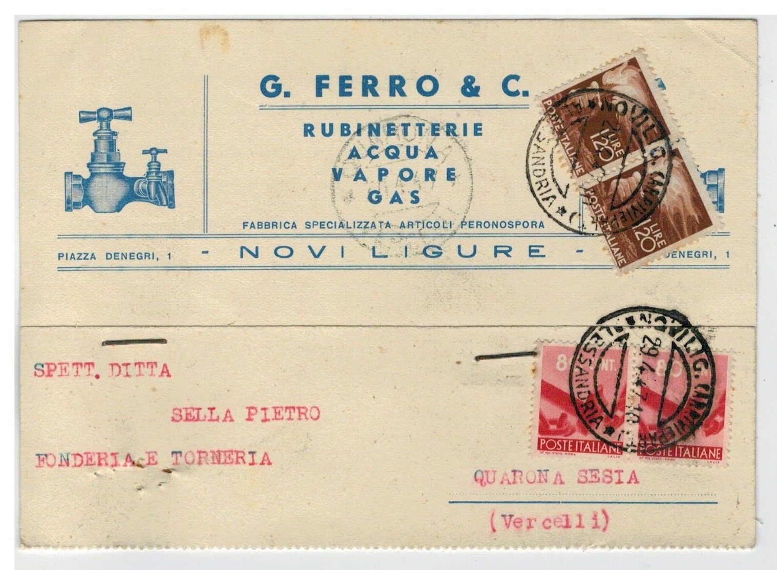 Cartolina Commerciale Rubinetterie Acqua Vapore Gas G. Ferro - Novi Ligure - Alessandria