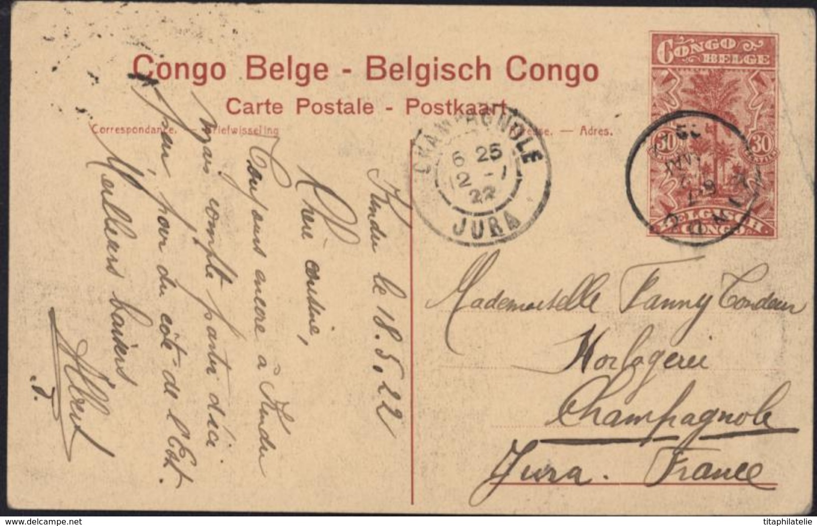 Entier 30c Palmiers CAD Kindu 6 7 22 Mai 1922 CPA Congo Belge La Ligne Aérienne Roi Albert Mr Franck Hydravion Gombe - Entiers Postaux
