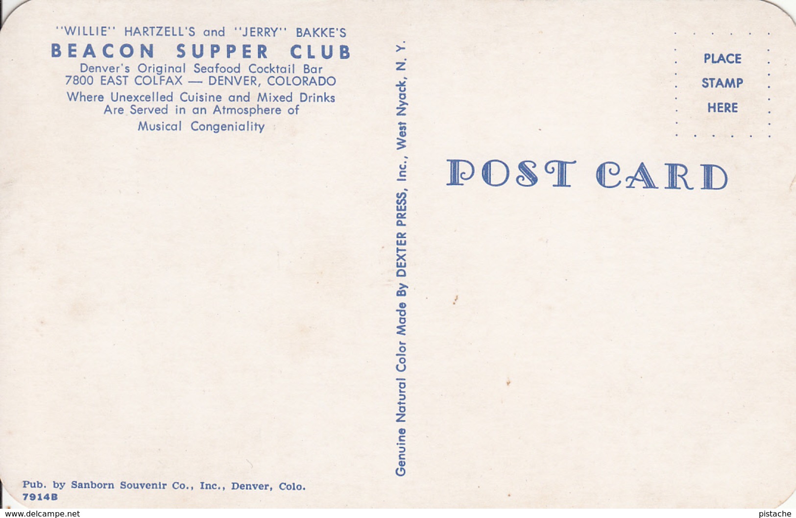 1960's Postcard - Denver Colorado - Beacon Supper Club Restaurant - Willie & Jerry - 2 Scans - Denver