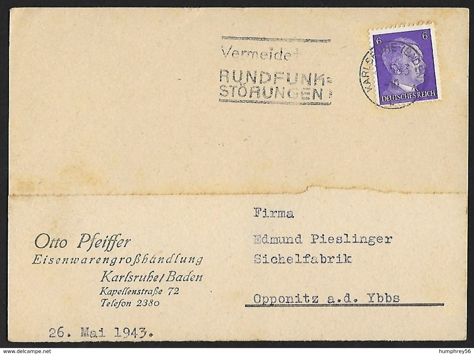 1941 - DEUTSCHES REICH - Cover + Michel 785 [Adolf Hitler] + KARLSRUHE - Briefe U. Dokumente