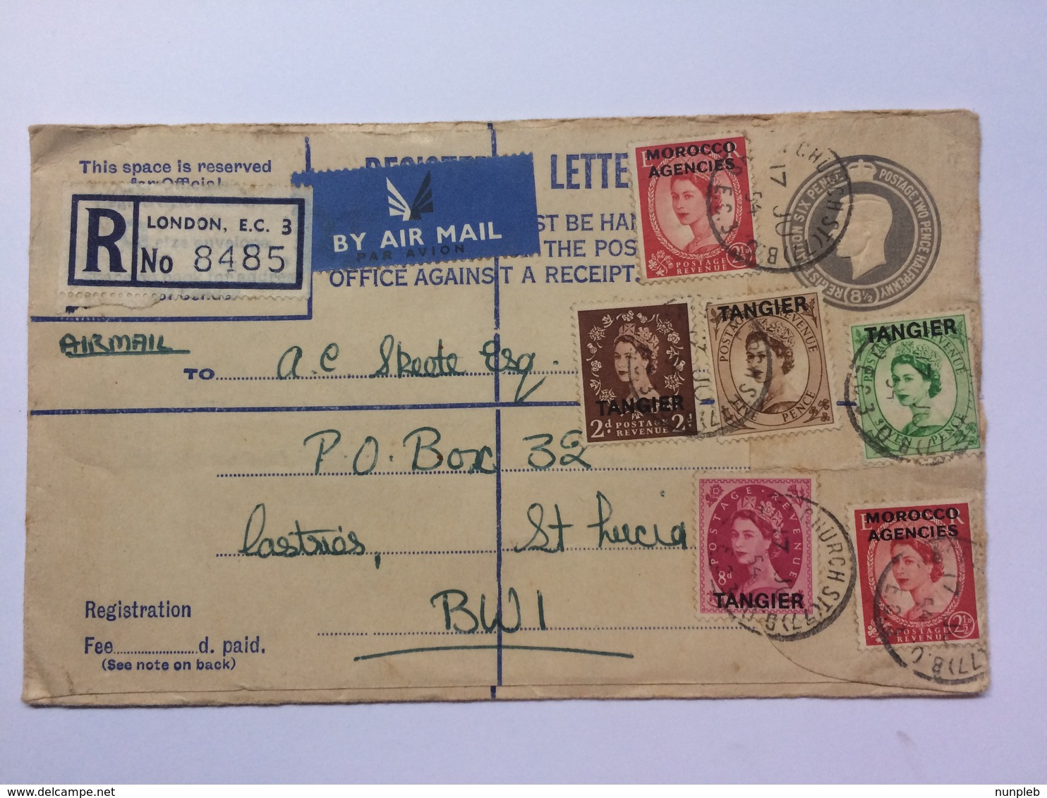 GB - 1954 Registered George VI London Cover  Uprated With Tangier And Morocco Agencies O/printed Wildings To St. Lucia - Lettres & Documents