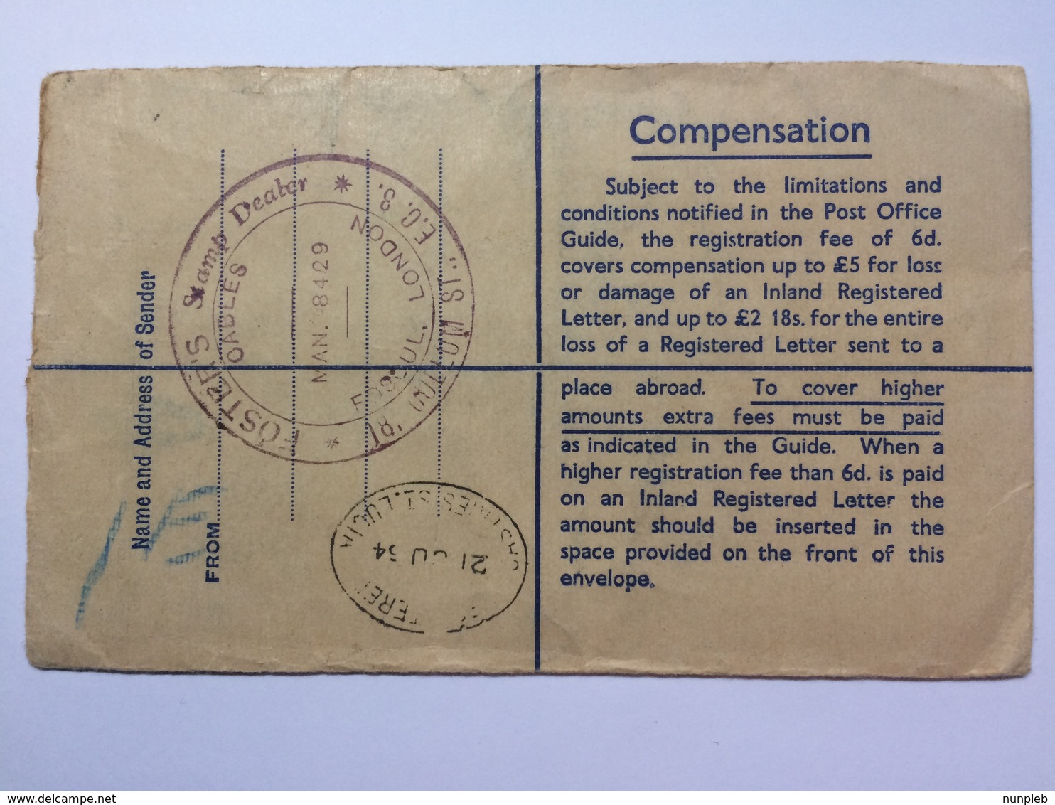 GB - 1954 Registered George VI London Cover  Uprated With Tangier And Morocco Agencies O/printed Wildings To St. Lucia - Lettres & Documents