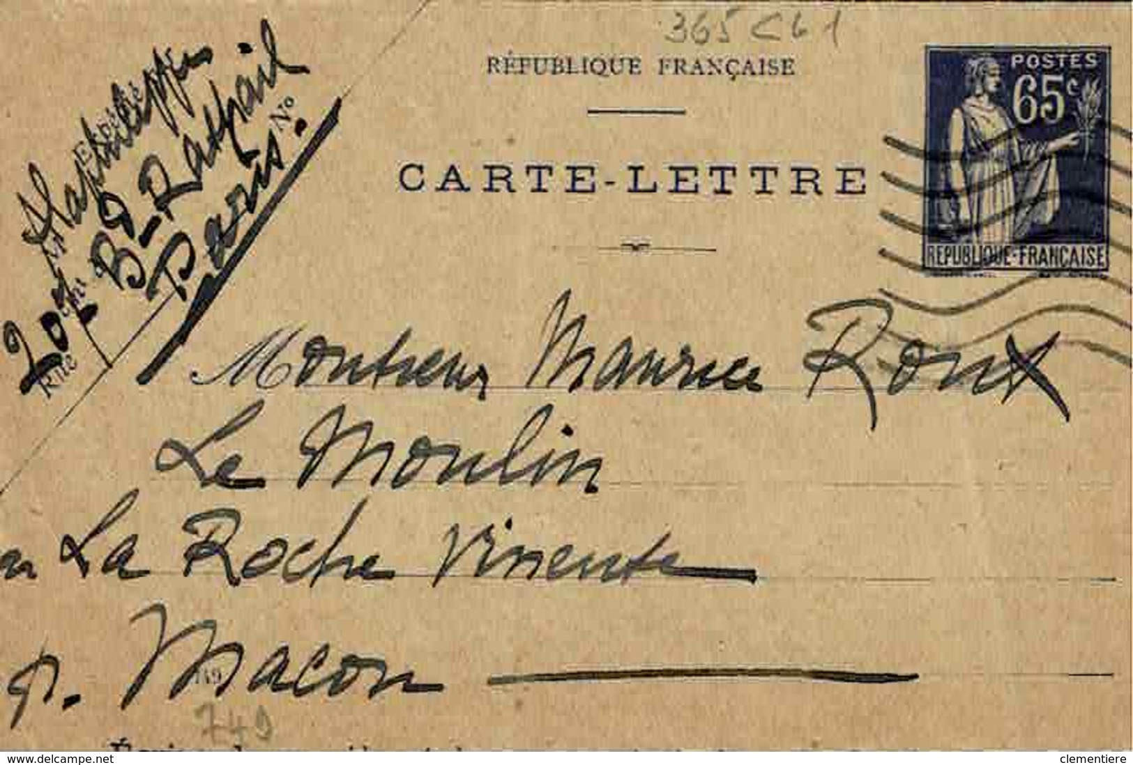 Carte 365 CL 1, Date 749, 111 X 70mm, De Paris Pour La Roche Vineuse - Letter Cards