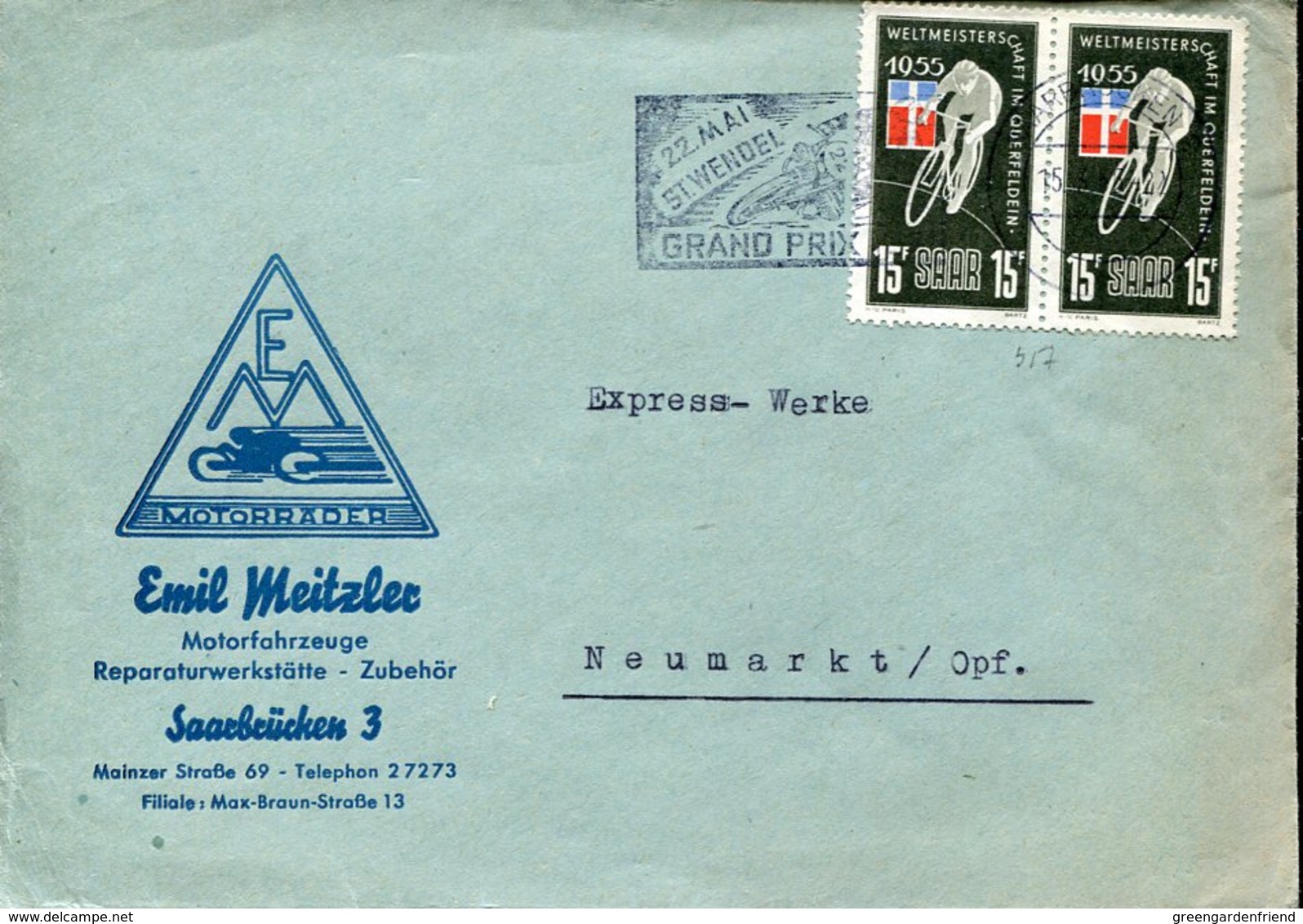40021 Saar  Circuled Cover 1955 With 2x Stamp Cycling World Champ Im Querfeldein, - Radsport