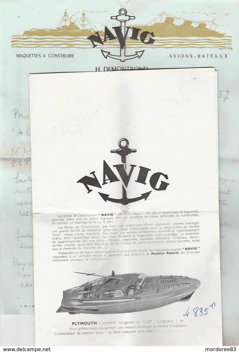 LETTRE + DOCUMENTATION MAQUETTES AVIONS ET BATEAUX  NAVIG 1957 - Autres & Non Classés