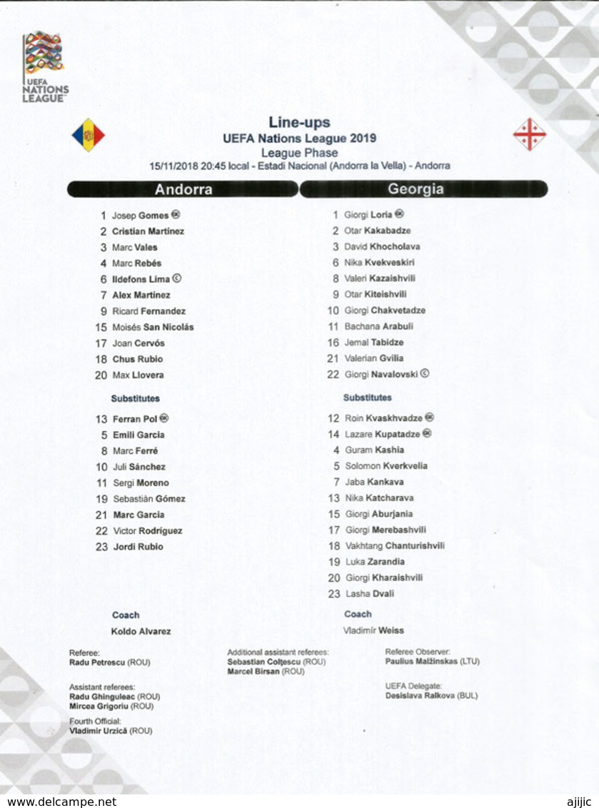 UEFA NATIONS LEAGUE 2018/19. ANDORRA Vs GEORGIA, Line-ups, Final Tournament List 15 NOV. 2018 ESTADI NACIONAL - 1950-Now