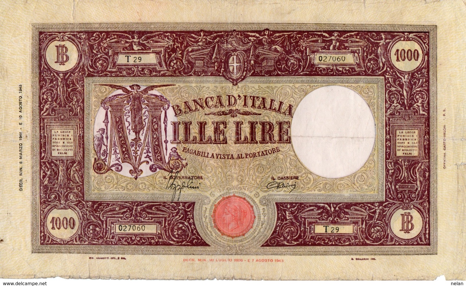 ITALIA 1000 LIRE 1943 P-72a1 VG - 1000 Liras