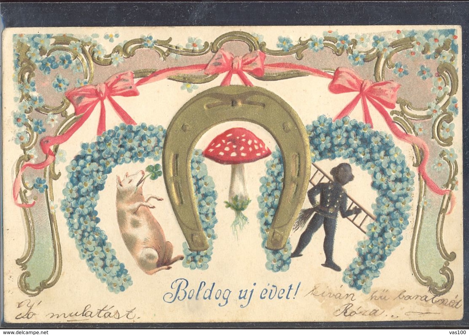 CPA MUSHROOMS, CHIMNEY SWEEPER, PIG, HORSE SHOE, FORGET ME NOT FLOWERS, RIBBONS, EMBOSSED - Champignons