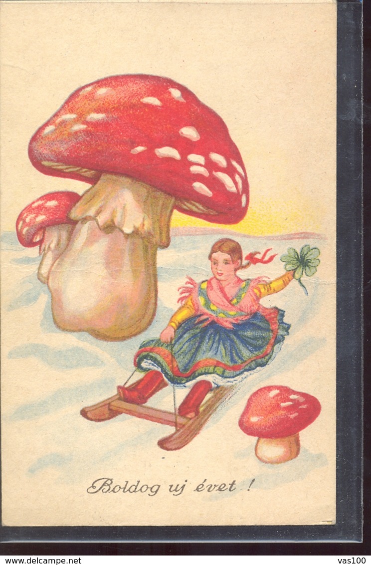 CPA MUSHROOMS, GIRL, SLED, CLOVER, WINTER LANDSCAPE - Funghi