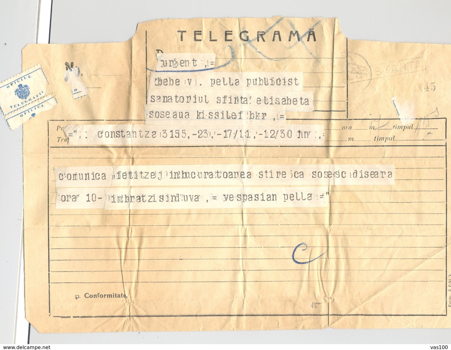 TELEGRAPH, TELEGRAMME SENT FROM CONSTANTA TO BUCHAREST, 1937, ROMANIA - Telegraph