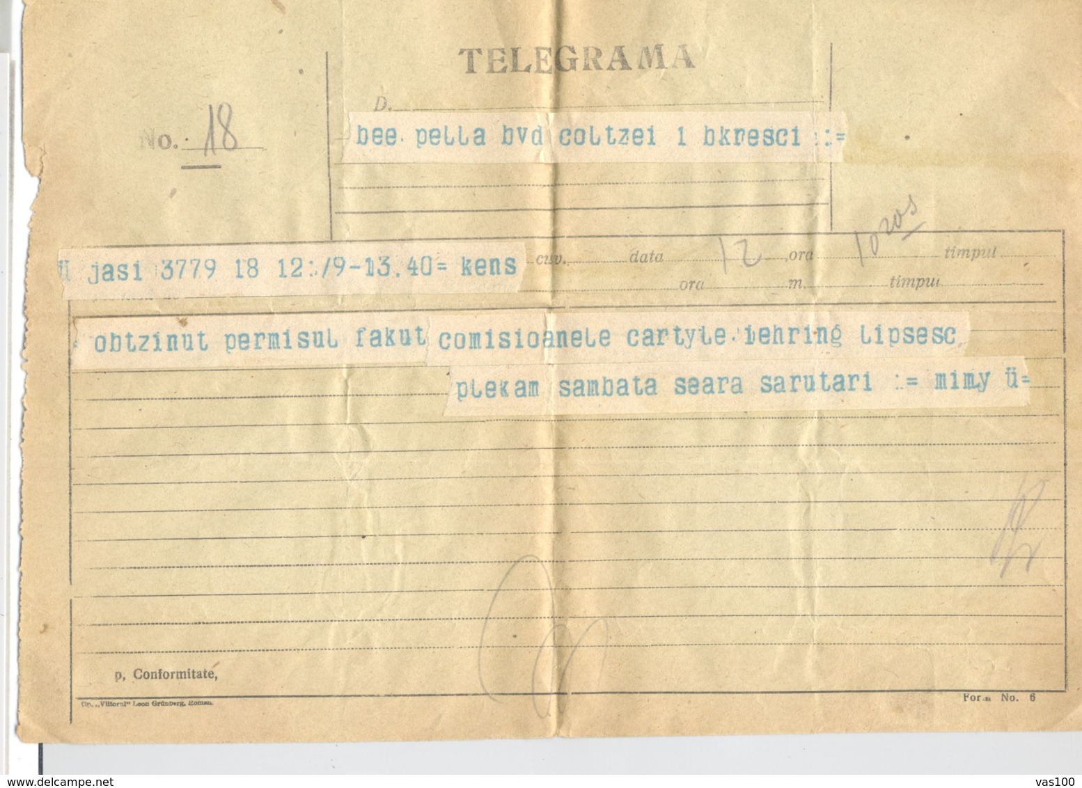 TELEGRAPH, TELEGRAMME SENT FROM IASI TO BUCHAREST, ROMANIA - Télégraphes