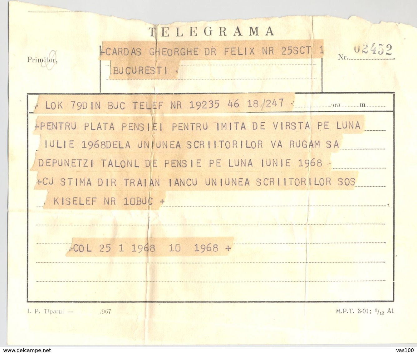 TELEGRAPH, TELEGRAMME SENT LOCO FROM BUCHAREST TO BUCHAREST, 1968, ROMANIA - Télégraphes