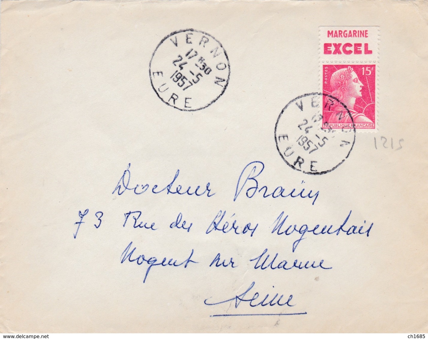 FRANCE :  1011 Muller 15f Rouge Avec Bande Pub " Margarine Excel " Sur Lettre De 1957 - Altri & Non Classificati