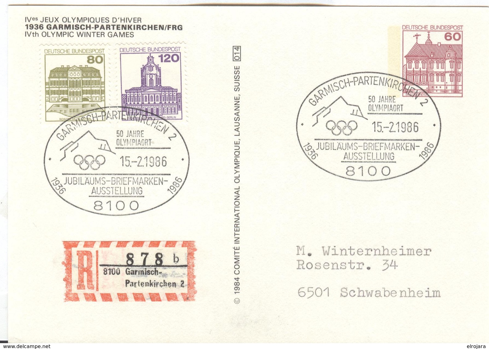 GERMANY Registered Olympic Stationery Postcard With Handcancel 50 Years Olympic Town 1936-1986 Garmisch-Partenkirchen 2 - Winter 1936: Garmisch-Partenkirchen