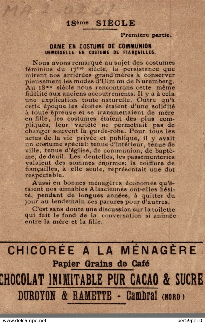 CHROMO CHICOREE A LA MENAGERE CHOCOLAT DUROYON & RAMETTE DAME EN COSTUME DE COMMUNION DEMOISELLE EN COSTUME DE FIANCAILL - Duroyon & Ramette