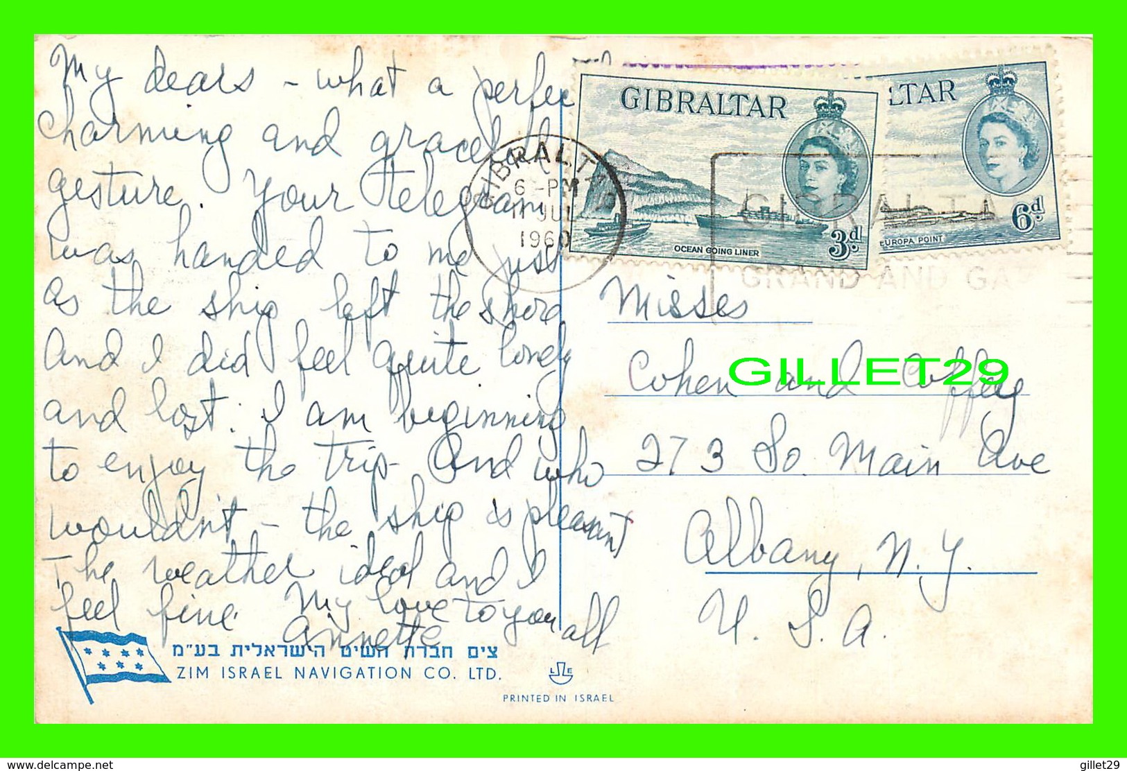 BATEAUX, SHIPS - S. S. ZION -  TRAVEL IN 1960 - ZIM ISRAEL NAVIGATION CO LTD - - Paquebots