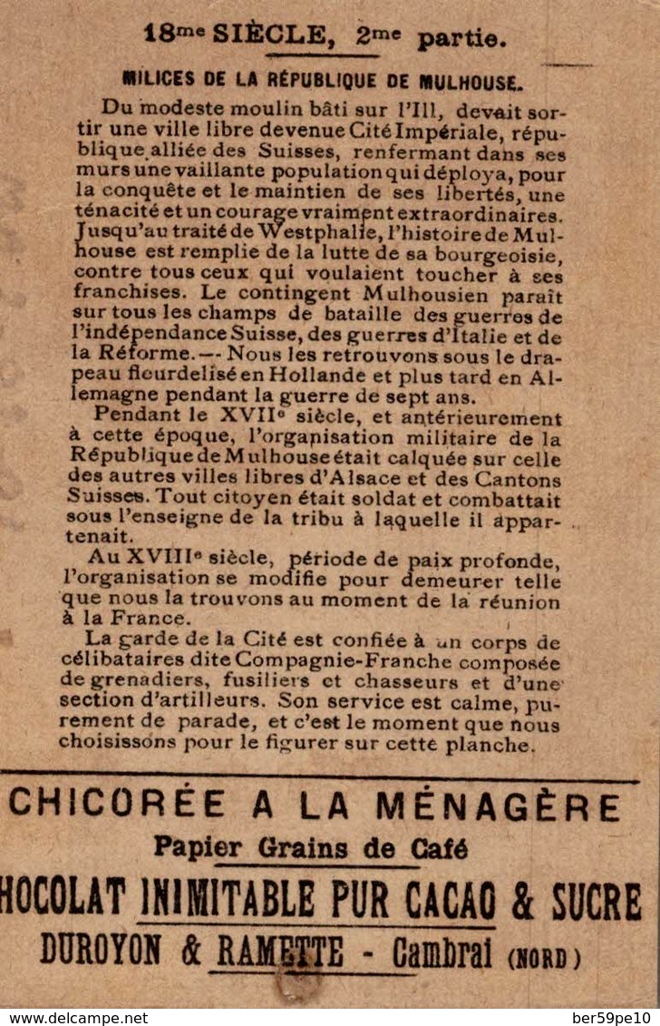 CHROMO CHICOREE A LA MENAGERE CHOCOLAT DUROYON & RAMETTE MILICES DE LA REPUBLIQUE DE MULHOUSE - Duroyon & Ramette