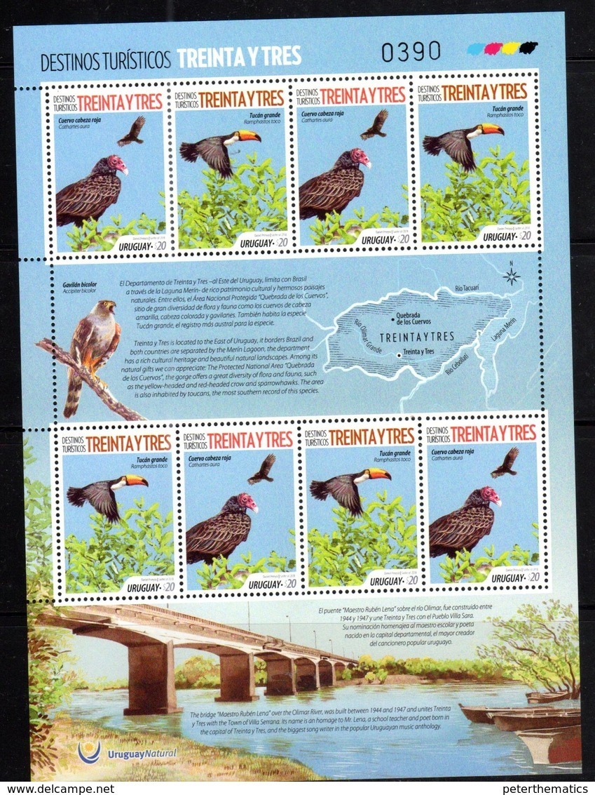 URUGUAY,2018, MNH, TOURIST DESTINATIONS, BIRDS, TOUCANS, BRIDGES, BOATS, SHEETLET OF 8v - Altri & Non Classificati