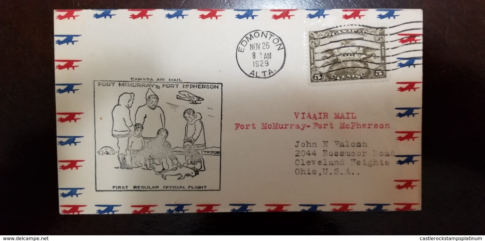 O) 1929 CANADA, ALLEGORY OF FLIGHT SC C1 5c Brown, FORT MCMURRAY TO FORT  MCPHERSON-FIRST REGULAR OFFICIAL FLIGHT, EDMON - Covers & Documents