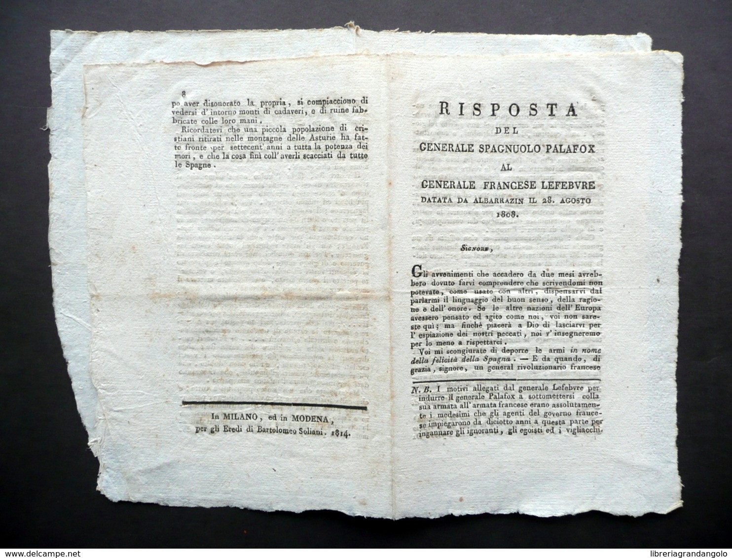 Risposta Del Generale Spagnolo Palafox Al Francese Lefebvre 1808 Soliani 1814 - Non Classificati