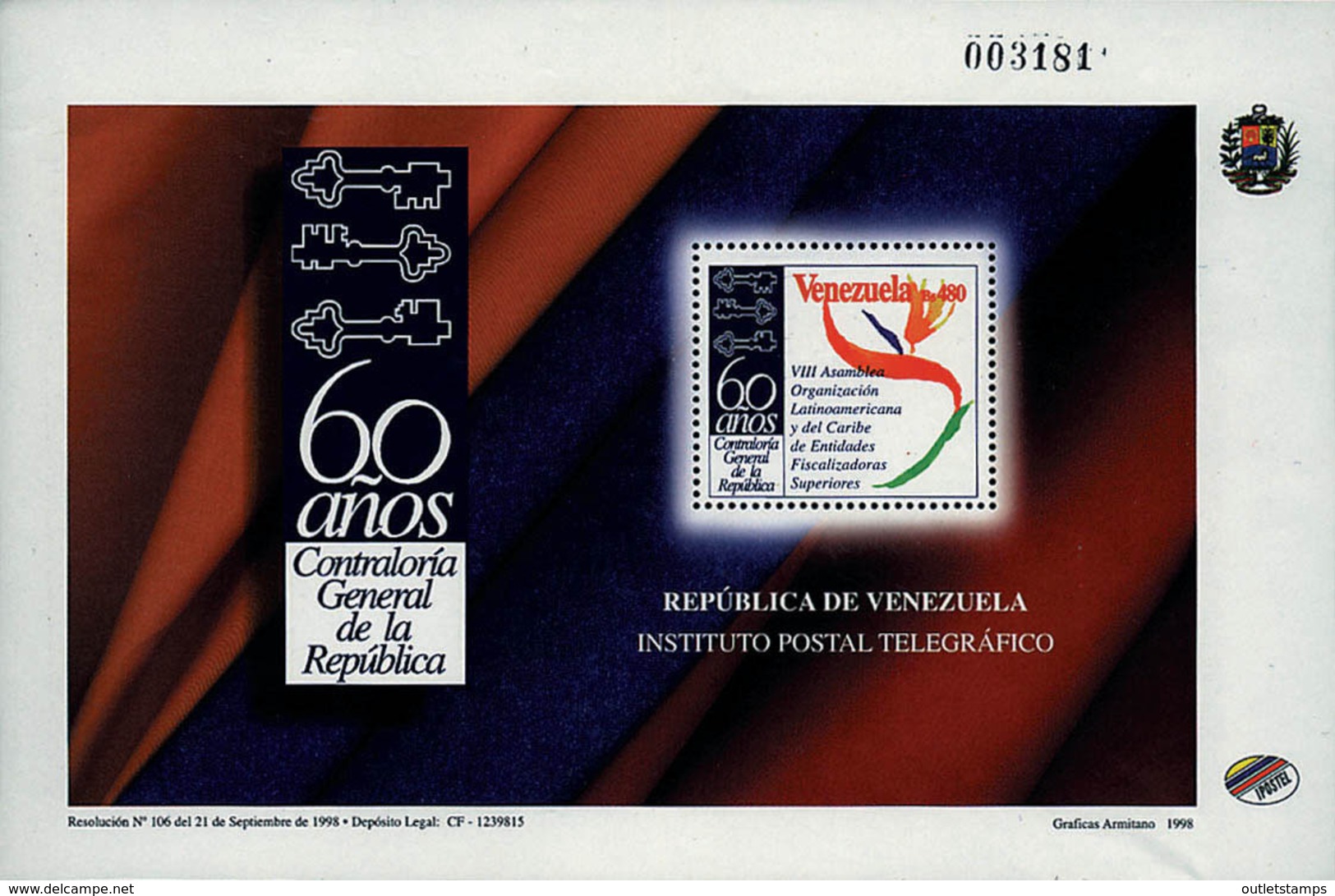 Ref. 89252 * NEW *  - VENEZUELA . 1998. 60 A�OS DE LA CONTRALORIA DE LA REPUBLICA - Venezuela