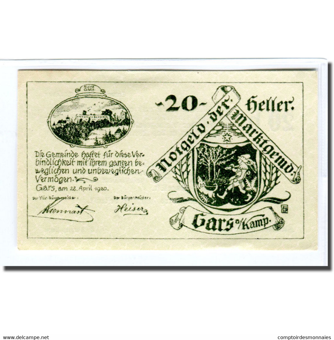 Billet, Autriche, Gars Am Kamp, 20 Heller, Texte 1, 1920, 1920-04-28, SPL - Austria