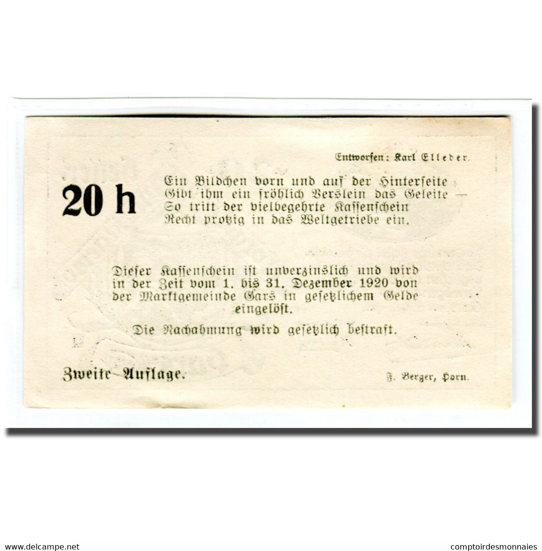 Billet, Autriche, Gars Am Kamp, 20 Heller, Texte 1, 1920, 1920-04-28, SPL - Austria