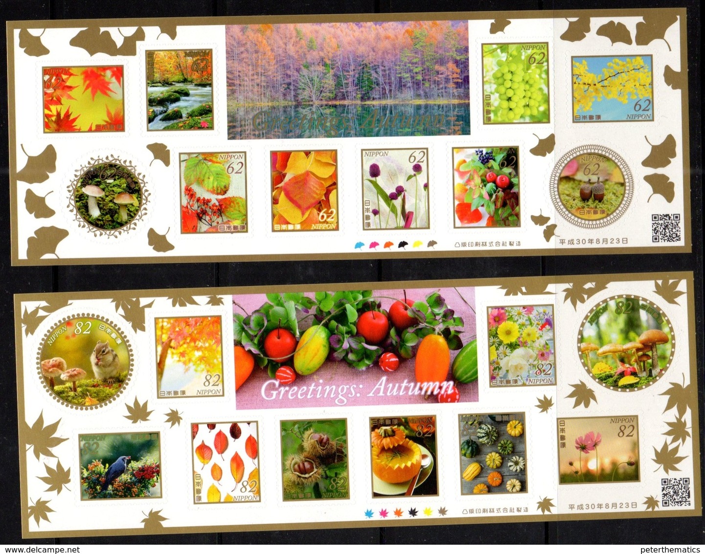 JAPAN, 2018, MNH, GREETINGS, AUTUMN, BIRDS, SQUIRRELS, MUSHROOMS , TREES, FLOWERS, GRAPES, RIVERS,   2  SHEETLETS - Other & Unclassified