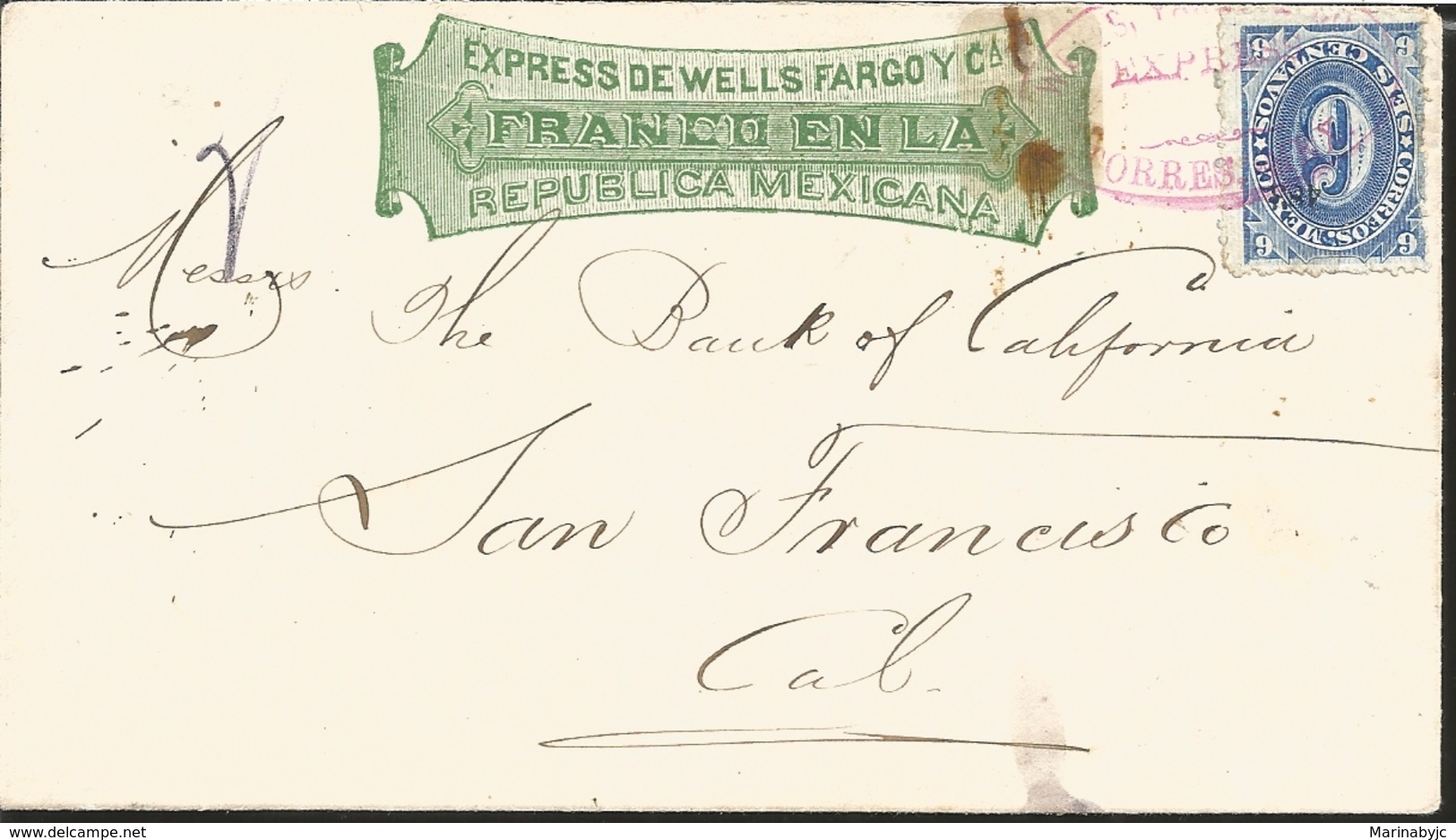 J) 1883 MEXICO, EXPRESS WELL FARGO, 9 CENTS NUMERAL, CIRCULATED COVER, FROM MEXICO TO CALIFORNIA - Mexico