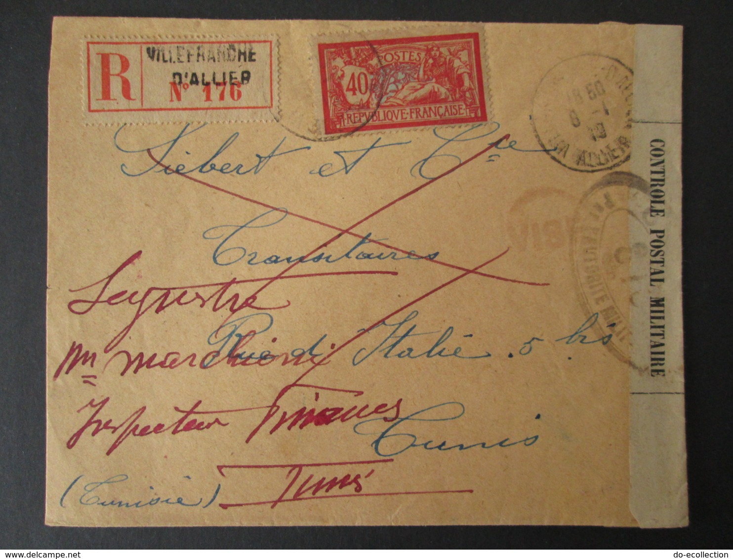 FRANCE Lettre Recommandée Vers TUNISIE 1919 Censure Autorité Militaire N° 878 Timbre MERSON Villefranche D'Allier Tunis - WW I