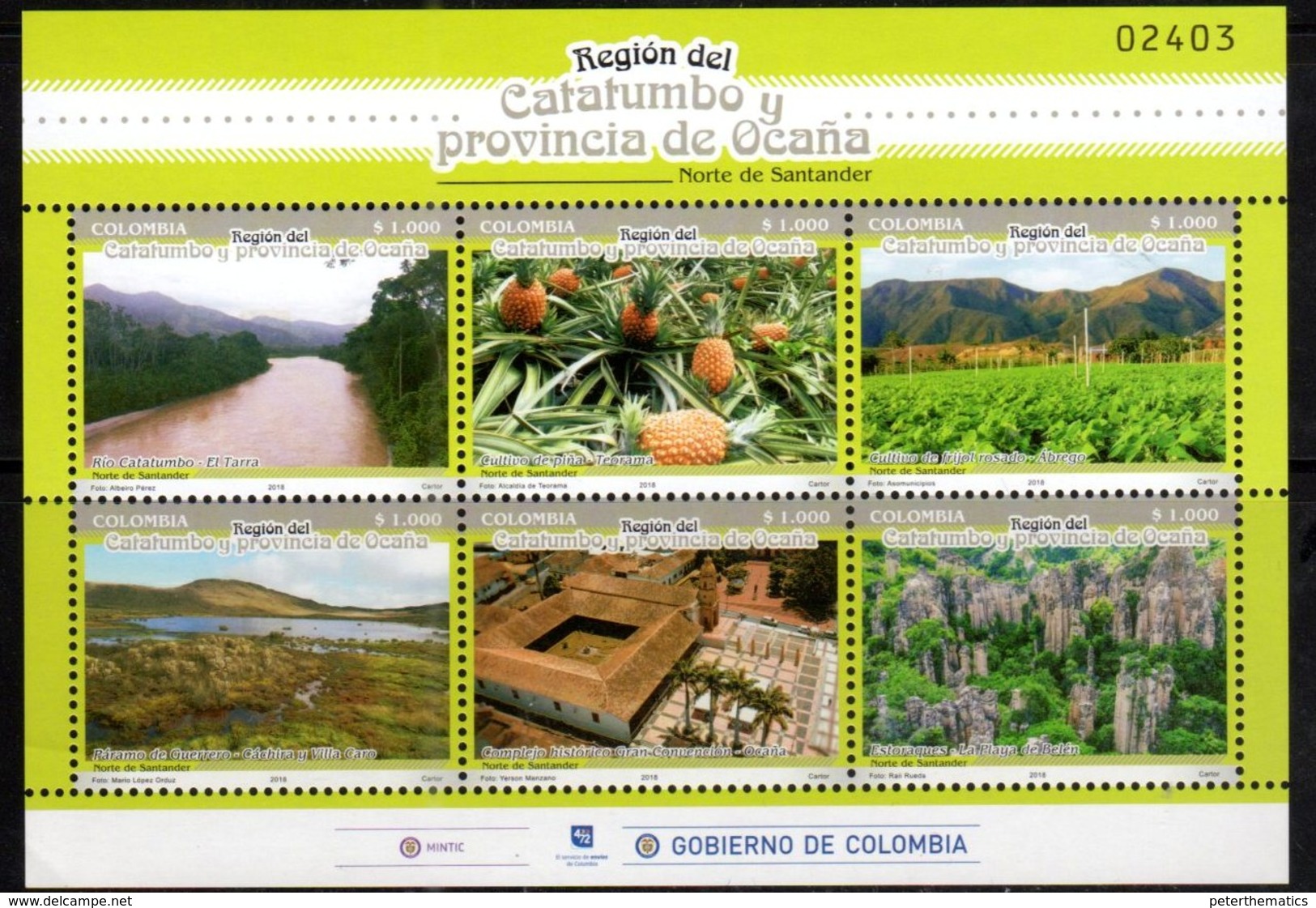 COLOMBIA, 2018, MNH,CATATUMBO REGION, OCAÑA PROVINCE, AGRICULTURE, PINEAPPLES, MOUNTAINS, RIVERS, SHEETLET - Fruits