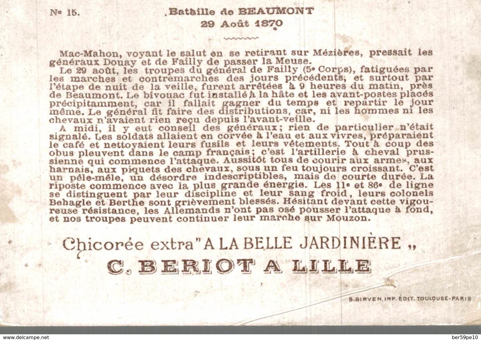 CHROMO CHICOREE EXTRA A LA BELLE JARDINIERE C. BERIOT LILLE BATAILLE DE BEAUMONT 29 AOUT 1870 - Otros & Sin Clasificación