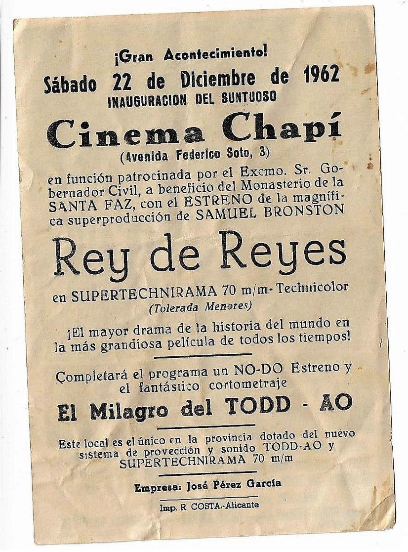 A7. Cine. Pelicula REY DE REYES. Folleto De Mano Diptico Publicitario Cine CHAPÍ. Alicante. Año 1962. - Publicidad