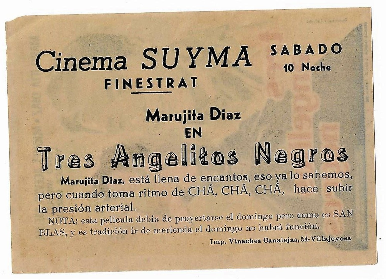 A7. Cine. Pelicula 3 ANGELITOS NEGROS. Marujita Diaz. Folleto De Mano Diptico Publicitario Cine SUYMA. Finestrat. - Publicidad