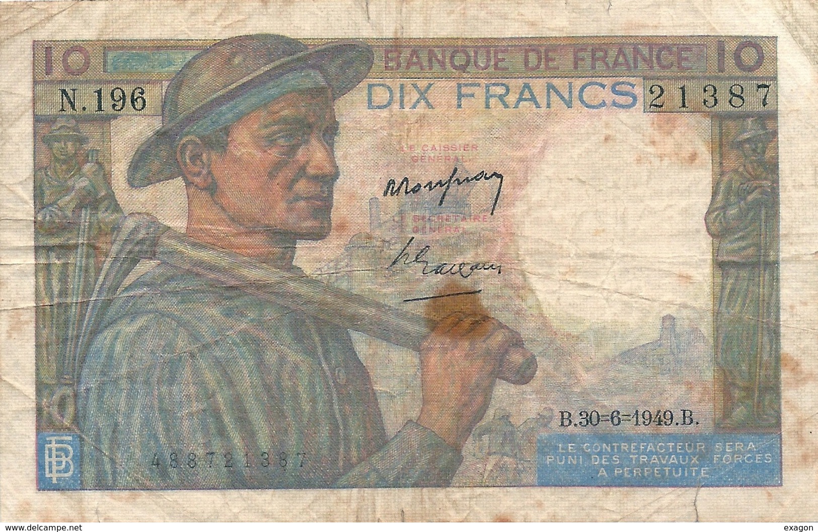 N. 1 Banconota - BANQE  DE  FRANCE  -  FRANCHI 10  -  Anno 1949 - 10 F 1941-1949 ''Mineur''