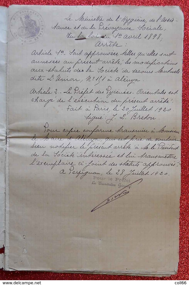 1897-1920 Alenya 66 Société de Secours Mutuels L'Union anciennement de St Jean 2 gros livres Liste & Comptes+3 statuts