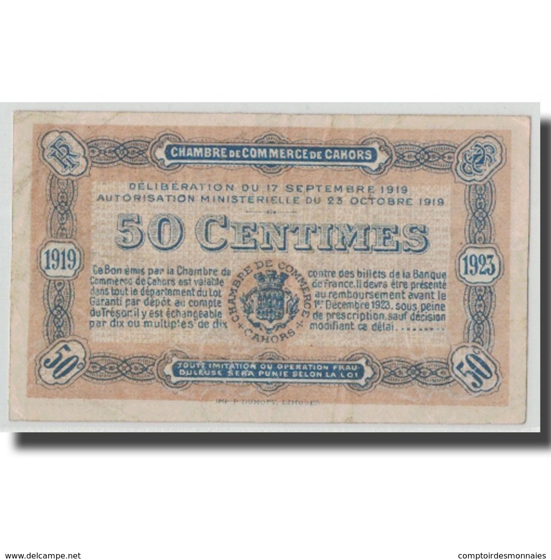 France, Cahors, 50 Centimes, 1919, TB+, Pirot:35-23 - Chamber Of Commerce