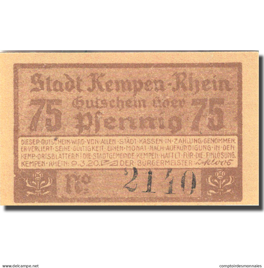 Billet, Allemagne, Kempen, 75 Pfennig, Personnage 2, 1920 Orange SPL Mehl 689.1 - Autres & Non Classés