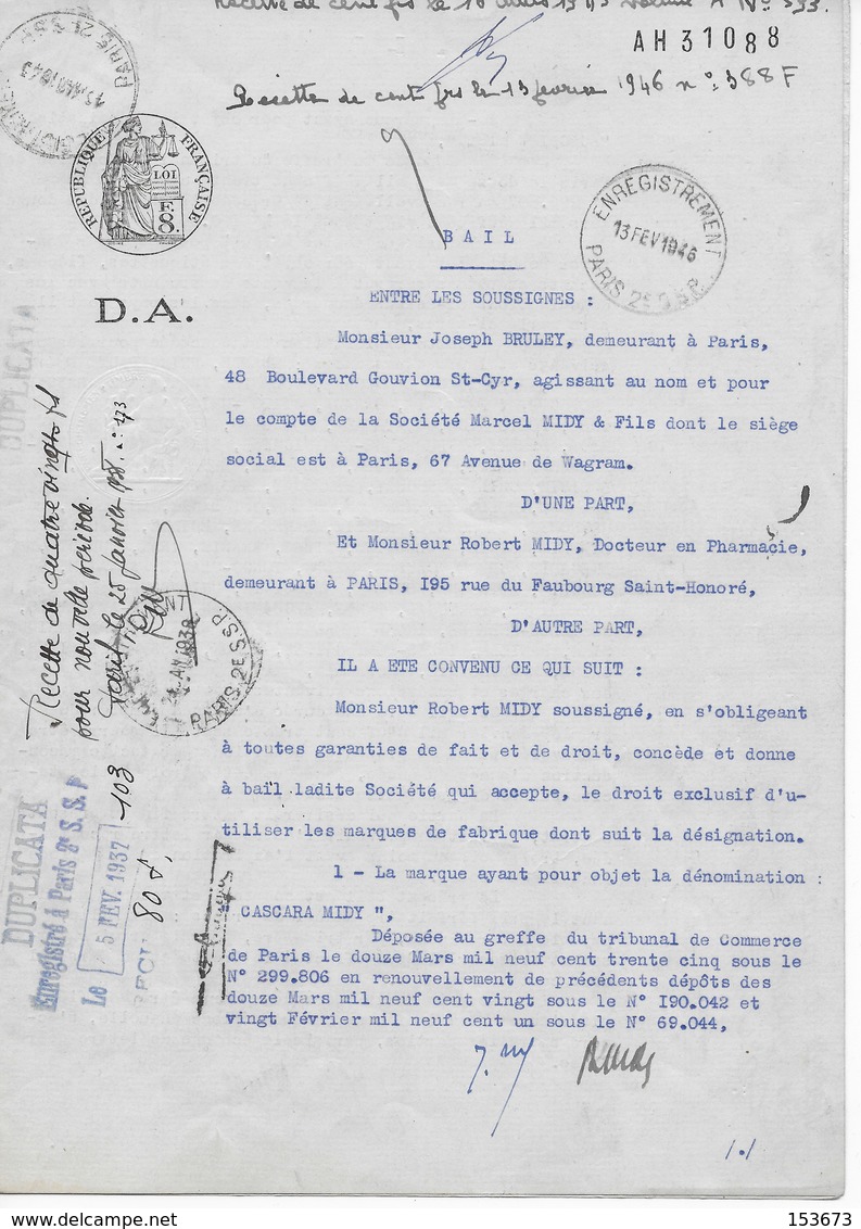 Bail Pour Utilisation Des Marques Pharmaceutiques CASCARA MIDY Et COCAÏNE MIDY 1937 à 1946 - Other & Unclassified
